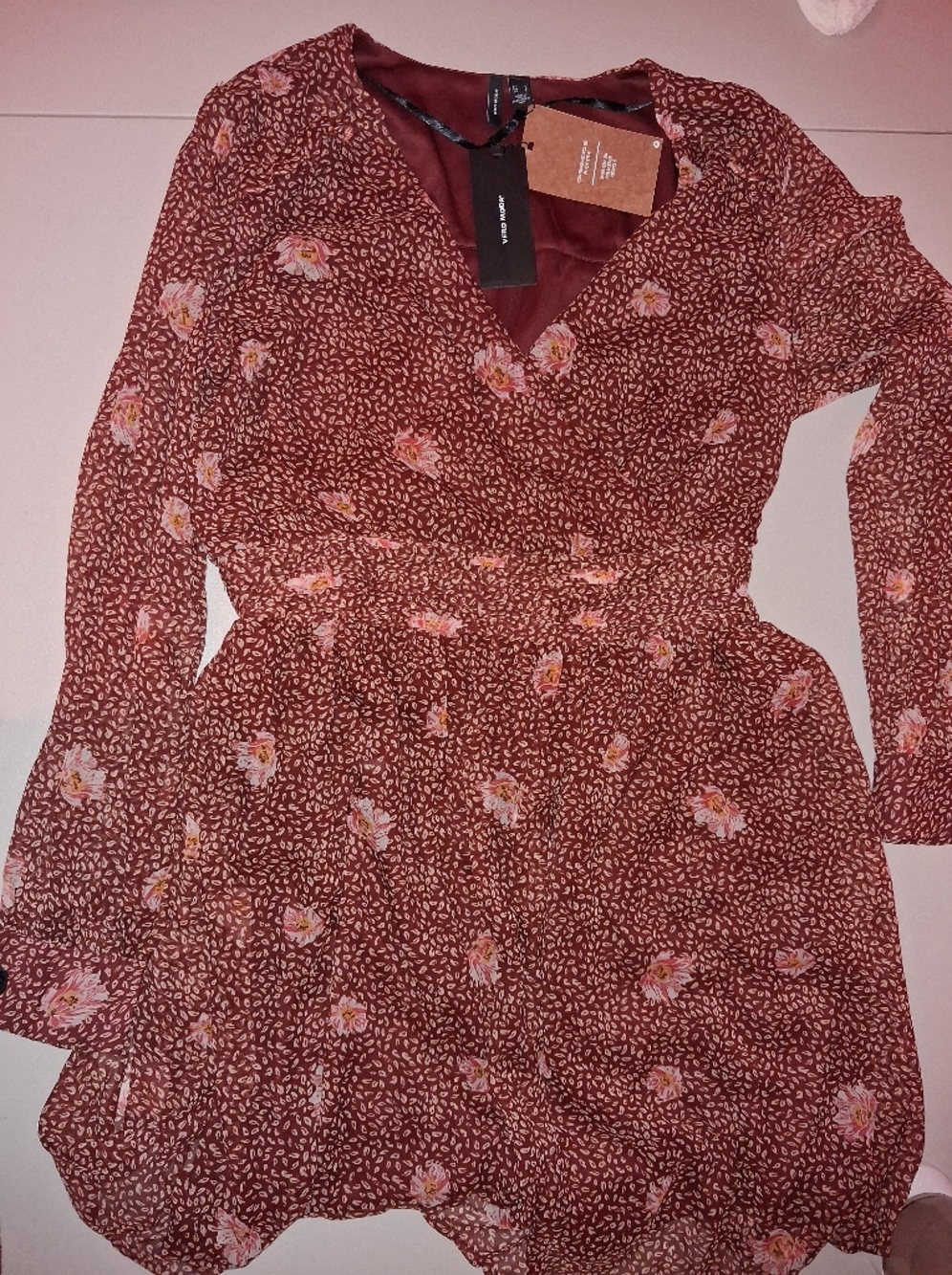 Vero Moda Floral V-Neck Long Sleeve Dress - Recycled Polyester - Burgundy/Rust